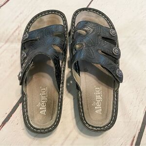 Alegria Black Patent 3 Strap Slide Comfort Sandal